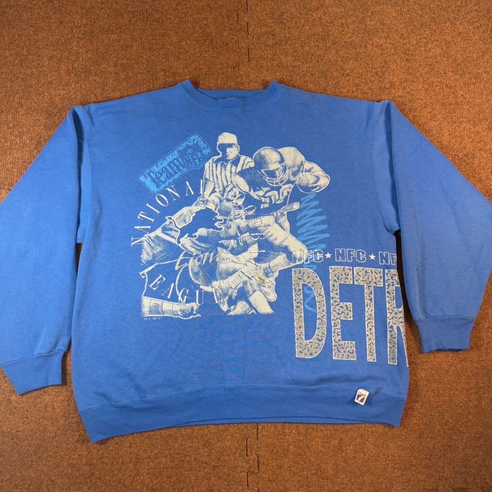 Logo 7 Detroit Lions Sweatshirt Mens Blue Vintage NFL Football Graphic Crewneck